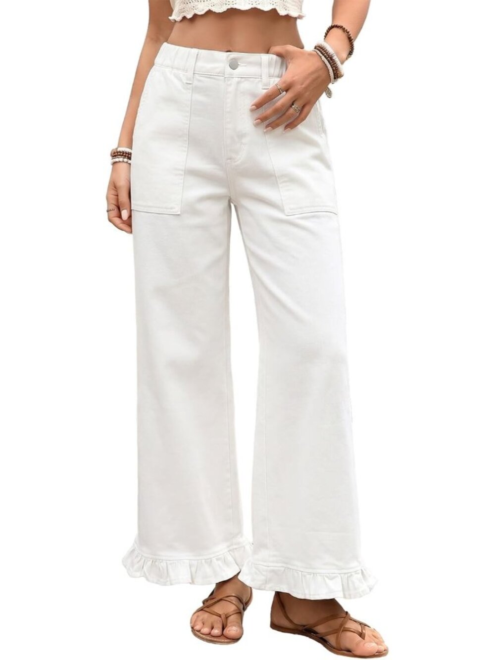 Women's White Ruffle Hem Pants High Waisted Baggy Elastic Wide Leg Jean